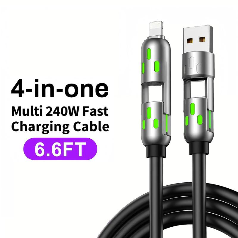 One Cable to Charge Them All — 6.6 ft 4-in-1 USB-C PD Cable with Lightning, USB-A, USB-C & Data Sync