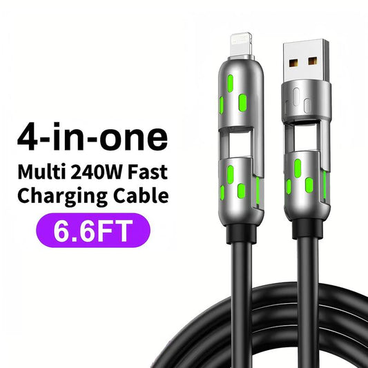 One Cable to Charge Them All — 6.6 ft 4-in-1 USB-C PD Cable with Lightning, USB-A, USB-C & Data Sync